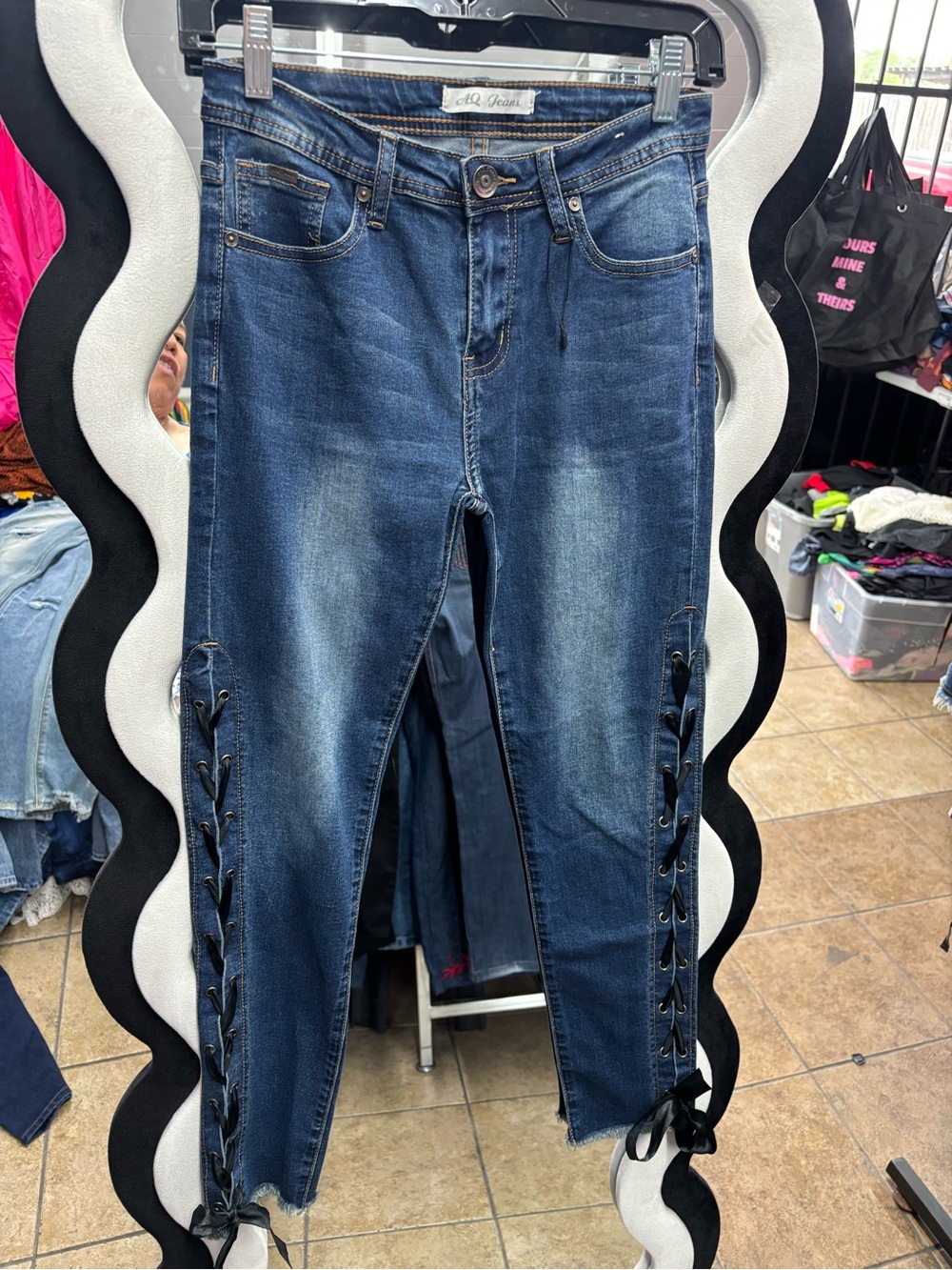 AQ JEANS,Lace-Up Side Skinny Jeans for Women - Dark Blue